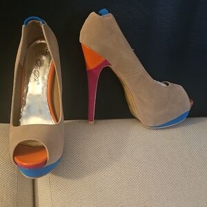 DbDk Fashion Tan and Blue Peep Toe Heels with Orange and Pink Accents